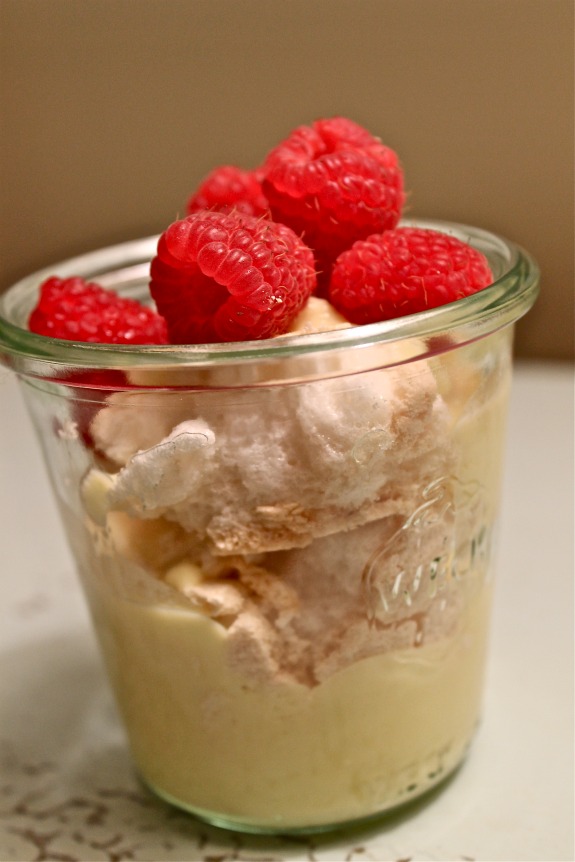 meringue crumble with vanilla custard and berries