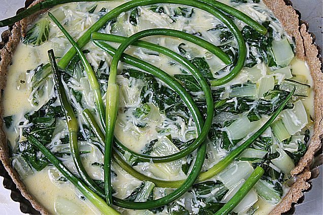 Garlic Scape and Bok Choy Tart with Whole Wheat Summer Savory Crust & Crappy Dates